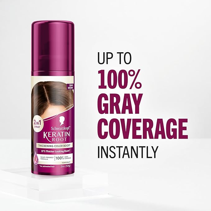 Schwarzkopf Keratin Color Root Temporary Hair Color Spray, Dark Brown - Salon Inspired Temporary Hair Dye, for up 100% Gray Coverage and Thicker Looking Roots, Ammonia free