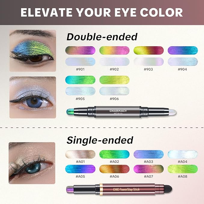 CHARMACY Multichrome 2 in 1 Cream Eyeshadow Stick, Waterproof Eye Brightener Highlighter Stick Makeup, High Pigmented, Smudge-Proof, Vegan & Cruelty-Free (#904)