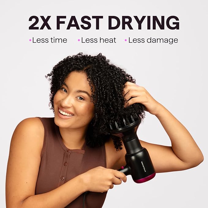 Wavytalk Hair Dryer with Diffuser, Blown Away Ionic Blow Dryer for Curly Hair with Comb, 1875W Fast Drying Hair Dryer with Ceramic Technology, 3 Attachments for All Hair Types, Light and Quiet, Pink
