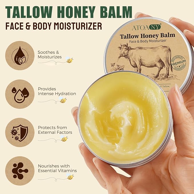 Beef Tallow for Skin, Tallow and Honey Balm, Beef Tallow for Face with Raw Honey and Beeswax, Natural Organic Grass-Fed Beef Tallow Moisturizing Cream for Body Lotion Skin Care