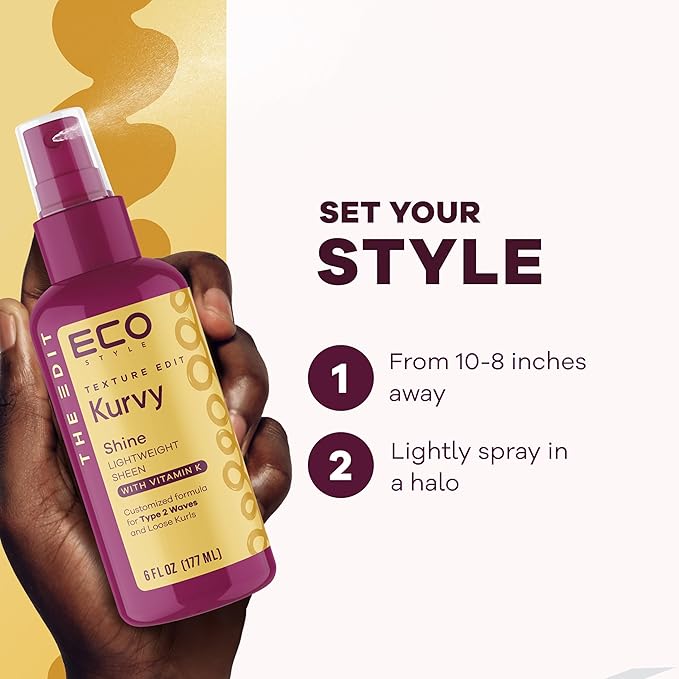 Eco Style, Texture Edit, Kurvy Shine Lightweight Sheen for Type 2a to 2c wavy hair - Finish off any style by adding rich nutrients for a perfectly glorious glow with frizz control. 6 oz.