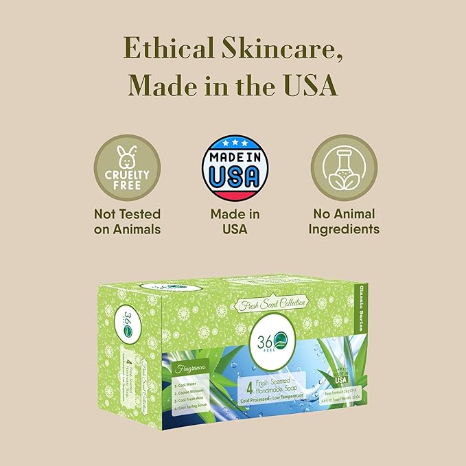 360 Feel Fresh Bar Soap Set - Made in the USA - Castile Handmade All Natural Cold Processed - Infused 4 Refreshing Scents Aloe Vera, Cotton Blossom, Spring Scrub, & Cool Water - (5oz, 4-Pack)