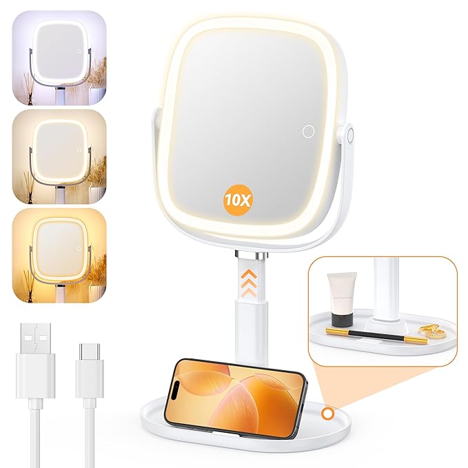 Gospire Lighted Makeup Mirror with Lights and Magnification 1X/10X, Tray Base and Height Adjustable for Desk, 4000mAh Rechargeable Battery, 3 Color Lights＆Memory Function for Bedroom - White