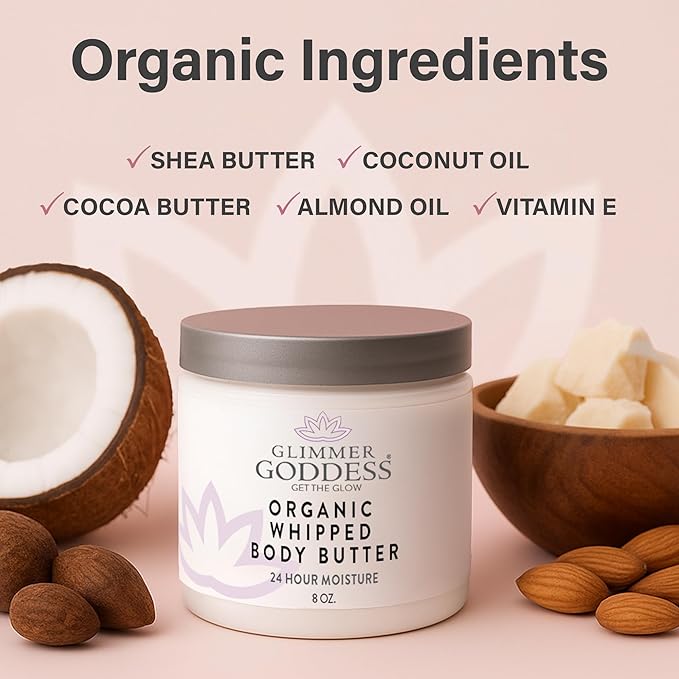 GLIMMER GODDESS Organic Whipped Body Butter for Women - Moisturizer Cream with Shea & Cocoa Butter, Almonds & Coconut Oil - Lavender Orange, 8oz