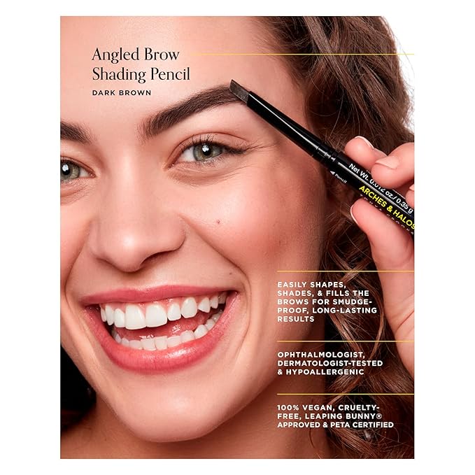 Arches & Halos Angled Brow Shading Pencil - Double Sided Eyebrow Filler and Spoolie - Angled Brush Design for Precise Shaping and Styling - Buildable, Easy Blend Pigment - Dark Brown - 0.012 oz