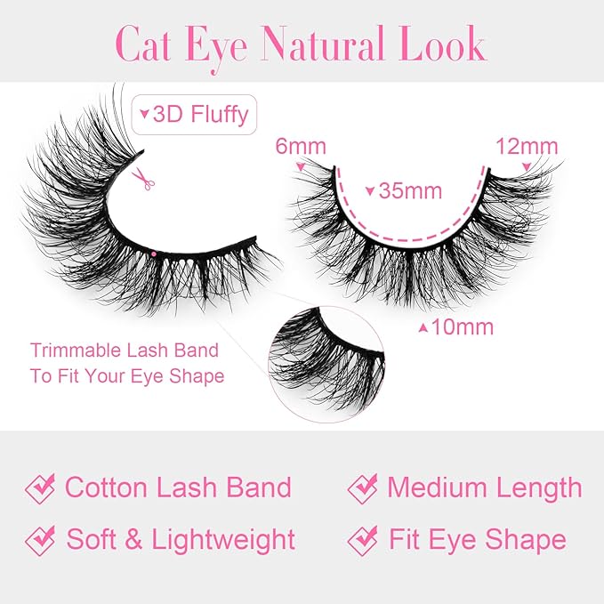 False Lashes Cateye Look Eyelashes - 14 Pairs 12mm Faux 3D Mink False Eyelashes Natural Looking Fluffy Cat Eye Wispy Strip Lashes Pack by EMEDA (ZR01）