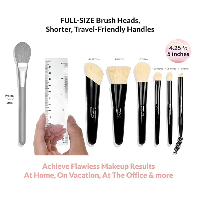 IN THE CLOUDS Travel Makeup Brushes Set + Case | Professional 7 Mini Foundation, Blush, Eyeshadow, Contour, Eyelining, Brow Brush | Short Handle Brush Set for Nearsighted | Soft for Sensitive Skin