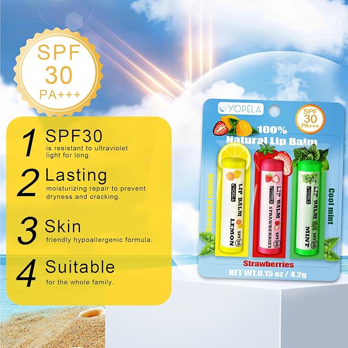 YOPELA 3 Pack SPF Lip Balm Bulk - SPF 30 SunGuard Lip Balm Sunscreen- Summer Protection for Lasting Hydration UV Defense Prevents and Soothes Dry, Chapped Lips Valentine's Gift-3 Delicious Flavors