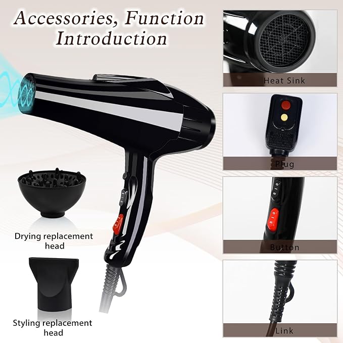 Professional Hair Dryer 3500 Watt Powerful Salon Blow Dryer Ceramic Tourmaline Quick Dry Ionic Hair Dryer with AC Motor Concentrator Diffuser Attachments