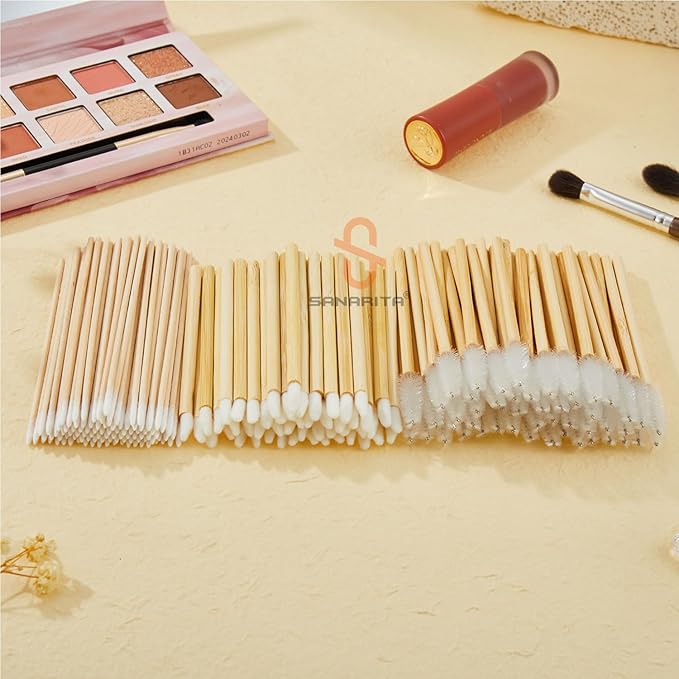 300PCS Bamboo Eyelash Extension Kit – Disposable Micro Swab Brushes, Natural Material Spoolies, Lip Brushes, Mascara Wands, Makeup Applicator Tools