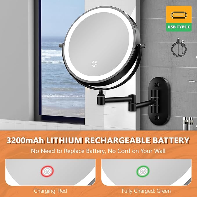 Auxmir 8'' Wall Mounted Lighted Makeup Mirror, 3200mAh Rechargeable Double-Sided 1X/20X Magnifying Mirror with Light, Touch Dimmable 3 Color Light, 360° Rotation Foldable Extended Arm, Black