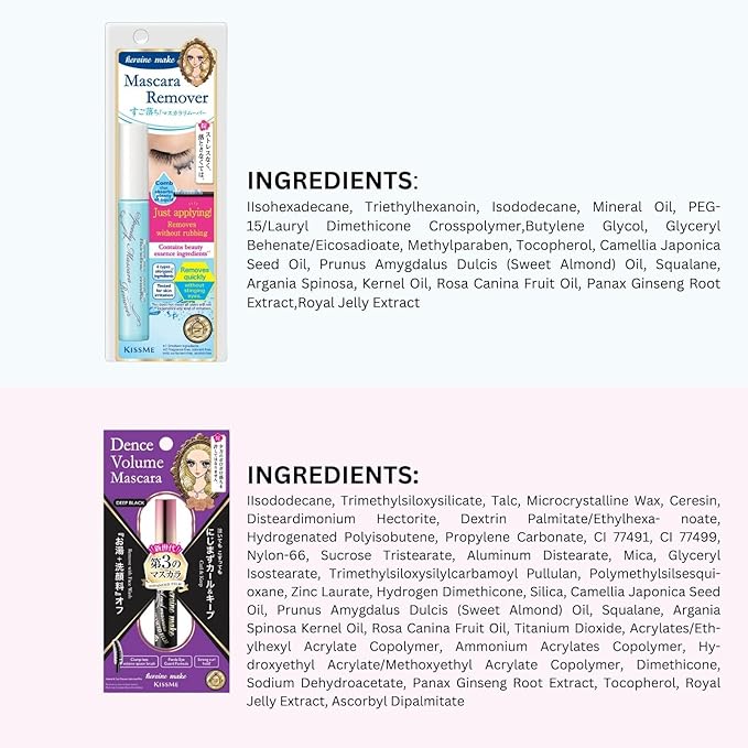 HEROINE MAKE by KISSME Tubing Mascara Waterproof & Long-lasting, Volumizing & Curl with Curvy Brush with 6 Natural Serums for Sensitive Skin + Gentle Mascara Remover Oil Free, 2 Set