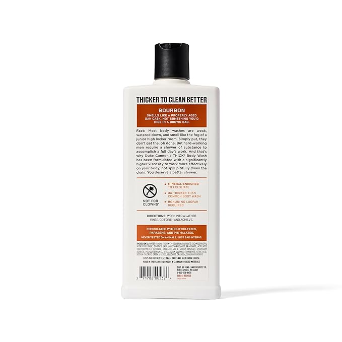 Duke Cannon Supply Co. Thick High Viscosity Body Wash - 3X Thicker, Cleansing Shower and Bath Gel, Mineral-Enriched Body Wash for Men - Big American Bourbon - Mens Body Scrub - Bourbon (18 oz)