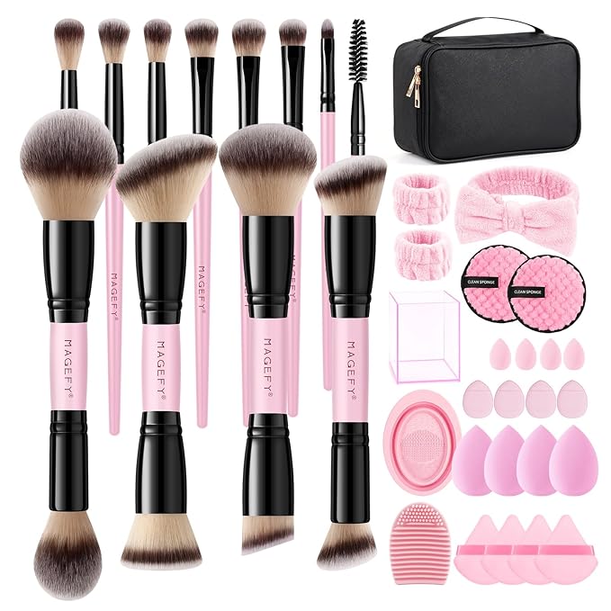 MAGEFY Makeup Brushes 37 Pcs Makeup Kit, Multi-functional Makeup Tool Set with Double-End Powder Blush Eyeshadows Brush Make up Brushes Set Bag,Pink