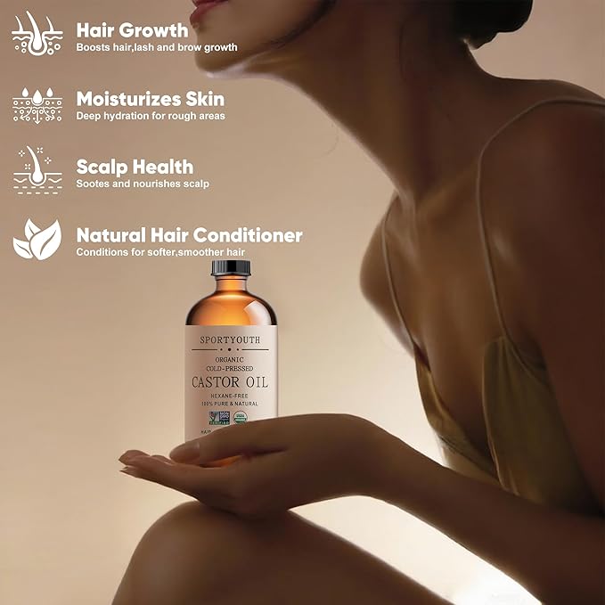 SPORTYOUTH Castor Oil Organic - Cold Pressed, Hexane Free, 100% Pure, USDA Certified, Unrefined Glass Bottle 32oz Non-GMO Carrier Oil for Face, Skin, Hair Growth, Castor Oil Pack, Eyelashes, Brows