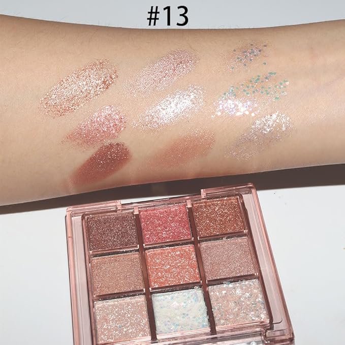 9 Colors Glitter Eyeshadow Palette Naturing-Looking Women Girls Eye Shadow,Pink White Gold Glitter Shimmer Sparkly Eye Shadow Palette Makeup,Warm Pastel Eyeshadows Palette Long Lasting Waterproof