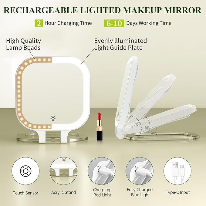FUNTOUCH 30X Magnification Lighted Makeup Mirror,Double Sided Travel Vanity Mirror with Lights,Rechargeable 3 Color Lights & Adjustable Brightness, 300°Rotation, Foldable Portable for Christmas