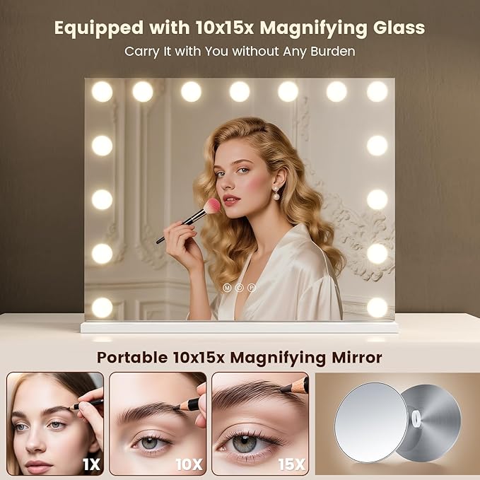 VESAUR Large Vanity Mirror with Lights, Hollywood Makeup Mirror with 15 Dimmable Bulbs 3 Light Colors, Detachable 1X/10X/15X Magnification, USB/Type-C Dual Power, Tabletop &Wall Mount, Senior Aluminum