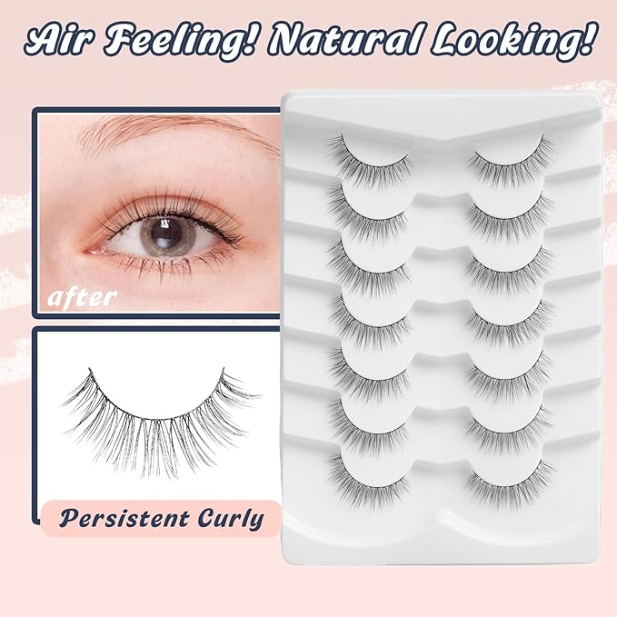 False Lashes Eyelashes Wispy 10MM Short Lash Natural Thin Band Strip Eyelash 3D Volume C Curl 7 Pair