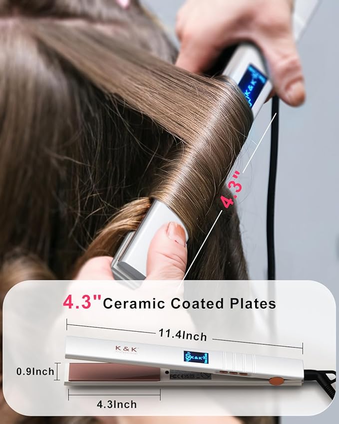K&K Nano Hair Straightener for Women, Adavance Ceramic Coated Plates Flat Iron Digital Display Ultra-Fast Heat Up Auto Safety Shut Off Plancha De Pelo Dual Voltage UK Plug, for Short Hair