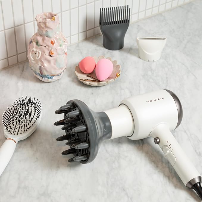 Wavytalk Hair Dryer with Diffuser, Blown Away Ionic Hair Dryer for Curly Hair, 1875W Fast Drying Blow Dryer with Ceramic Technology, 3 Attachments for All Hair Types, Light and Quiet, Sapphire Blue