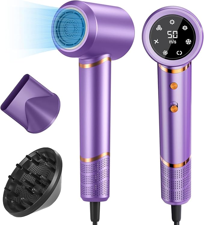 Hair Dryer Negative Ionic Blow Dryer for Fast Drying,Low Noise,Thermo Control Hair Dryer 2 Speed and 3 Heat Settings,Cold Air Button with 1 Diffuser 110000 RPM High Speed Brushless Motor (Purple)
