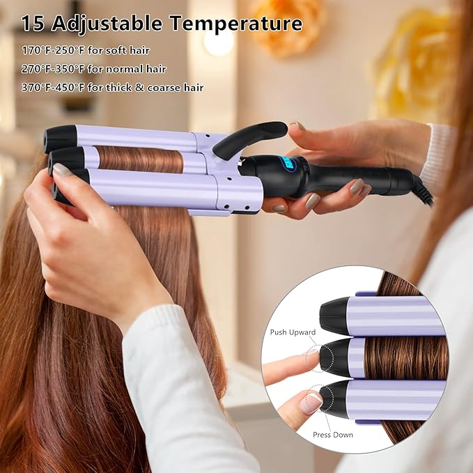 32mm (1.25") Mermaid Beach Waves Curling Iron, Aima Beauty Hair Waver 3 Barrel, Mermaid Big Wave Waver Iron with Adjustable Temperature, Durable, Heats Up Quickly (Purple)