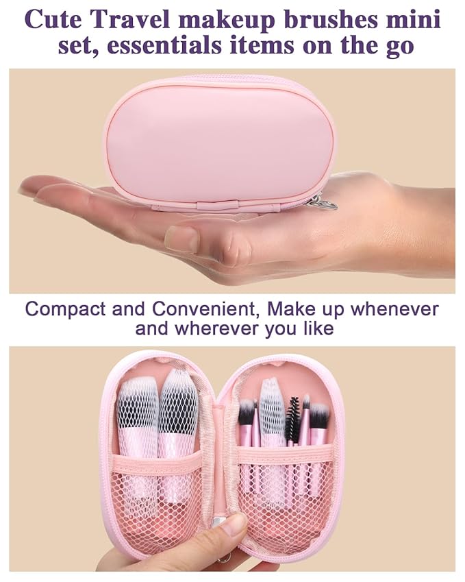 10 Pcs Mini Makeup Brush Travel Size Set With Brush Pouch, Portable Small Full Complete Function Cosmetic Brushes Kit for Women and Girls On the Go (Pink)