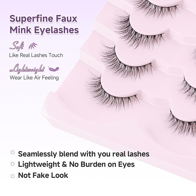 Natural Cat Eye Lashes False Eyelashes Natural 12mm Wispy Eyelashes with Thin Band 3D Volume False Lashes Soft Eye Lashes Pack C Curl Natural Eyelashes Fake Lashes 7 Pair EVENTILL