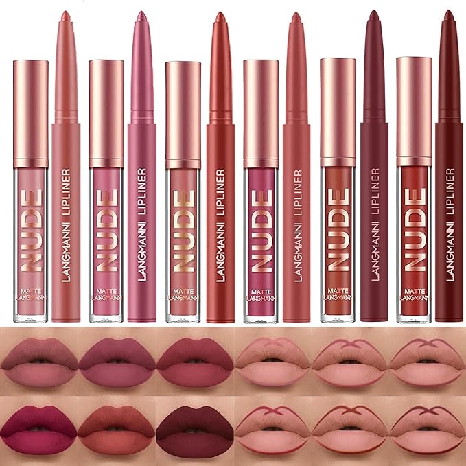 LANGMANNI 6 Matte Lipstick with 6 Lipliners Durable Makeup Set,Long-Lasting Non-Stick Cup Not Fade Waterproof Pigmented Velvet Lipgloss Kit Beauty Cosmetics Makeup Gift for Girls (#A)