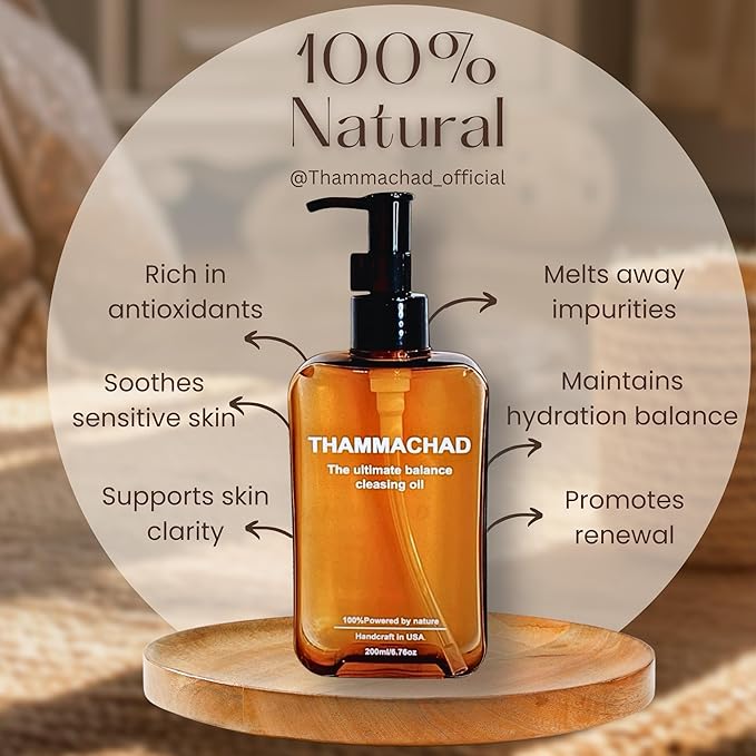 Thammachad Cleansing Oil – 100% Natural Makeup Remover with Moringa, Camellia & Frankincense | First‑Step Oil Cleanser for Dry & Sensitive Skin | Handcrafted in Small Batches in the USA, 200 ml