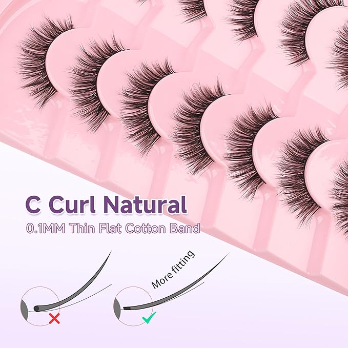 False Eyelashes Natural 13mm Wispy Lashes with Thin Band 3D Volume Soft Strip Lashes Pack C Curl Natural Eyelashes Fake Eyelashes 7 Pair