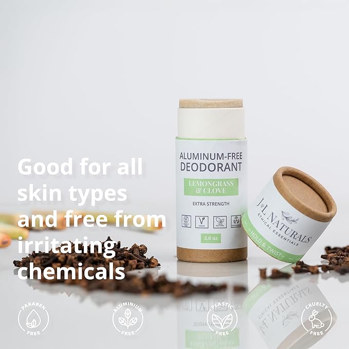 J&L Naturals Aluminum Free Deodorant for Men & Women | 100% Natural Ingredients With Coconut Oil, Shea Butter, & Essential Oils | Sustainable, Eco-Friendly (Lemongrass & Clove, 3.0 Oz (Pack of 2))