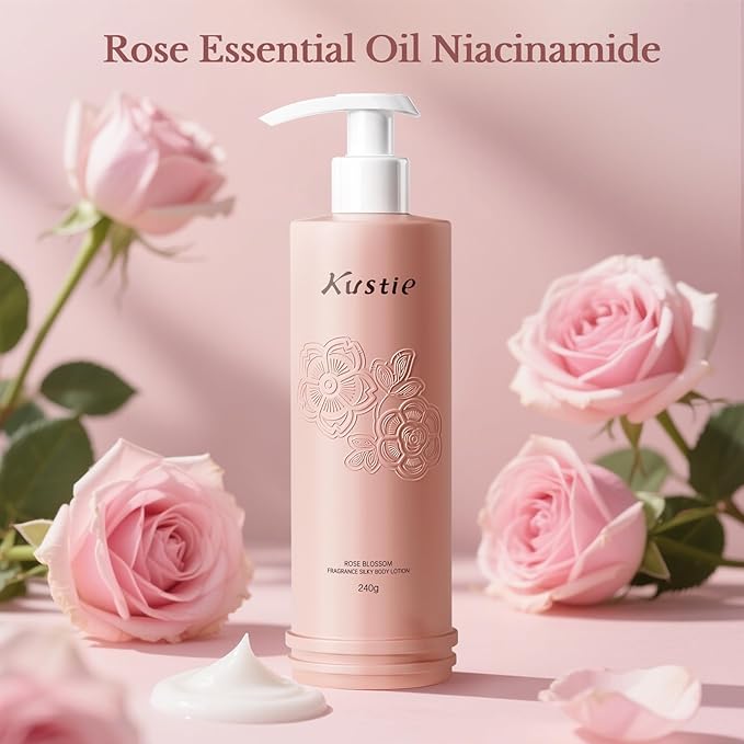 Kustie Rose Body Lotion with Real Rose Water & Macadamia Oil – Lightweight Silky Moisturizer with Hyaluronic Acid – Non-Greasy, Long-Lasting Floral Scent, 8.4 Fl Oz