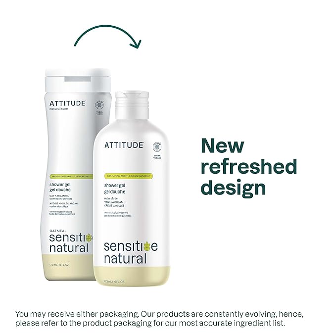 ATTITUDE Body Wash for Sensitive Skin with Oat and Argan Oil, EWG Verified, Dermatologically Tested, Vegan Personal Care, Vanilla Cream Scent 16 Fl Oz