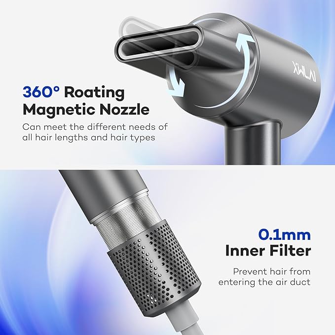 Hair Dryer, 110000 RPM High-Speed Brushless Motor Negative Ionic Blow Dryer for Fast Drying, Low Noise Thermo-Control Hair Dryer with Nozzle and Tri-Colour LED Light Ring for Home, Travel (Gray)