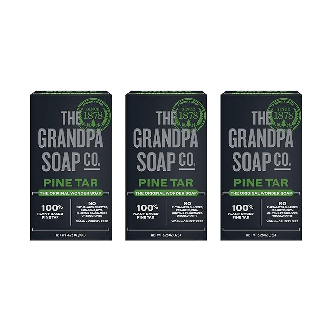 The Grandpa Soap Company Pine Tar Bar Soap for Men- Made With Pine Tar Oil, 3 in 1 Cleanser Deodorizer and Moisturizer, Dermatologist Tested, Safe for Sensitive Skin, 3.25 Oz, 3 Pack