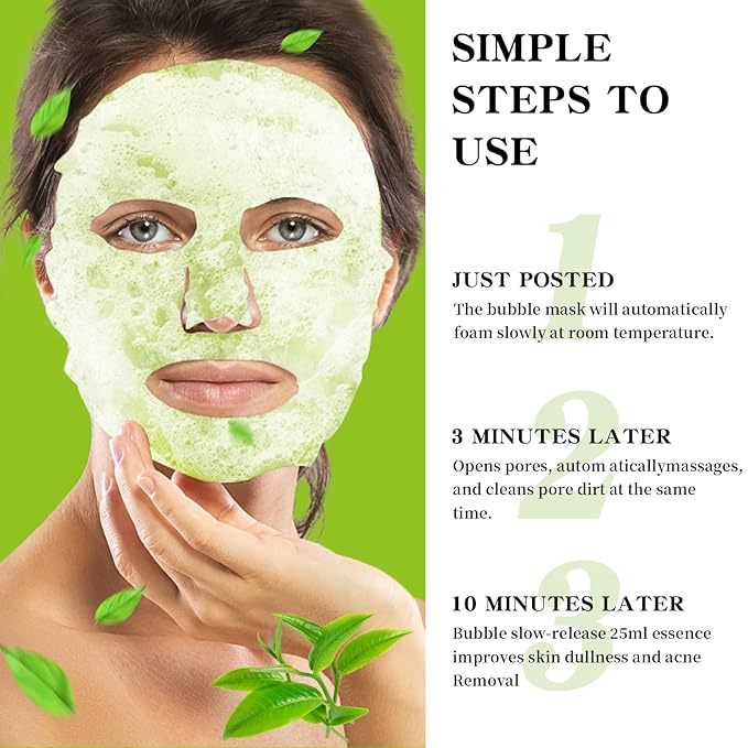 10 Pack Green Tea O2 Bubble Face Masks Sheet, Bubble Facial Mask, Foaming Face Mask, Purifying Facial Mask for Acne and Pores, Moisturizing Spa Face Masks Skincare, Brightening Beauty Masks