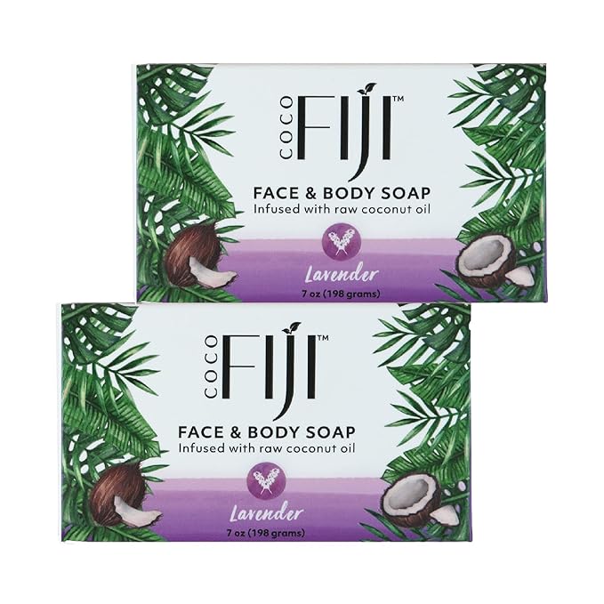 "Coco Fiji Soap Bar for Face and Body Infused With Organic Coconut Oil, Lavender Essential Oil, Natural Soap for Moisturizing & Pore Purifying Skin, 7 oz, Pack Of 2 "