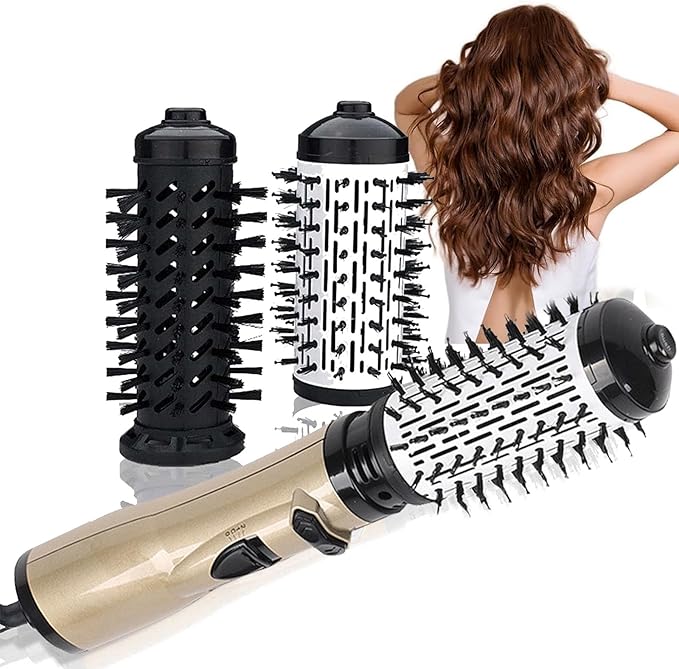 3 in 1 Hot Air Styler and Rotating Hair Dryer Hair Dryer and Blow Dryer Brush in One 2 Interchangeable Brushes for Dry and Wet Hair, Auto Rotating Curling Hot Hair Brush (Gold)