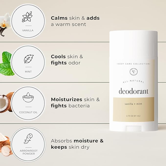 Rowe Casa Organics Vanilla + Mint Natural Deodorant for Men and Women, Sweet and Refreshing Paraben-Free Deodorant Stick with Therapeutic-Grade Essential Oils, 2 oz