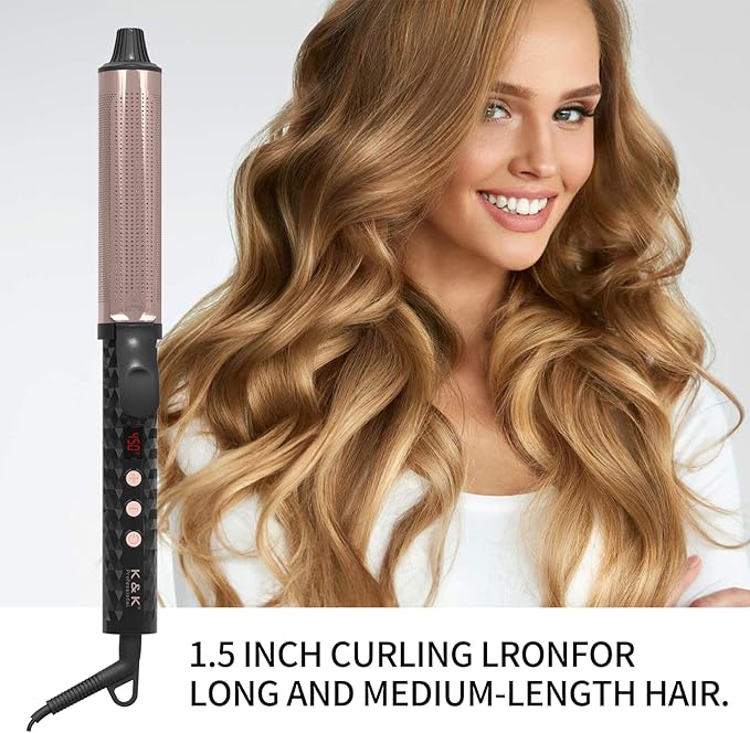 K&K 1.5 inch Infrared Professional Infrared Hair Curling Iron Heater Ceramic Barrel That Stays Hot 1.5 Inch Hair Iron Curler for Health Curls International (Black, 1.5 Inch)