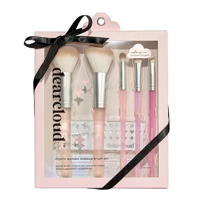 dearcloud Mystic Wonder Makeup Brush Set – 5 Piece Makeup Brushes with Stickers – Eyeshadow, Angled, Precision, Blush & Powder Brush