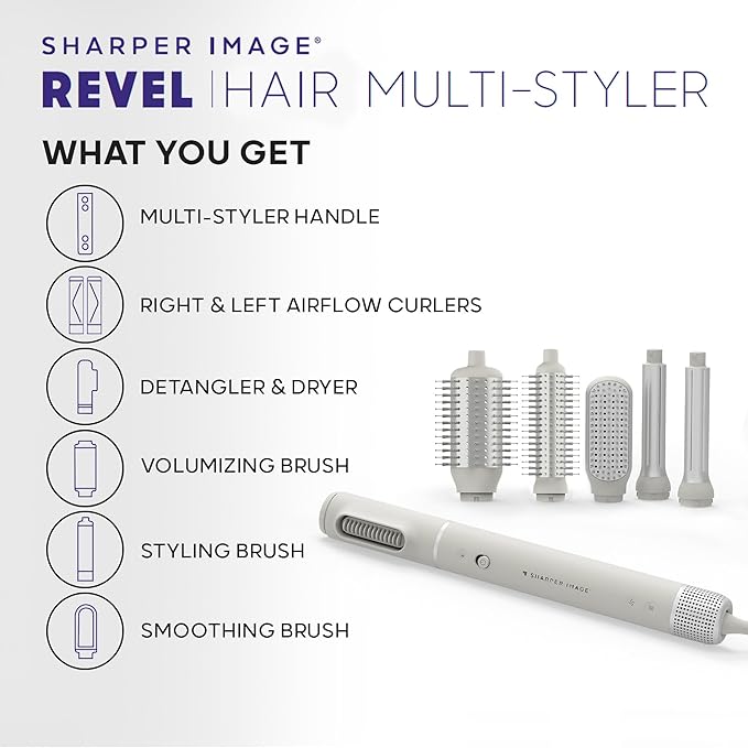 Sharper Image Revel 6-in-1 Airflow Hair Styler – Ionic Multi-Styler with Curling Wand, Detangler, Volumizing & Smoothing Brushes| Air Wrapping Styling Tool| Hot Brush| Straight & Curly Hair Product