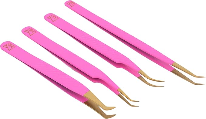 M LASH Tweezers for Eyelash Extensions (Set of 4) - Professional Lash Extension Tweezers - Fiber Tip, Japanese Steel, Diamond Grip Eyelash Extension Tweezer (Pink)