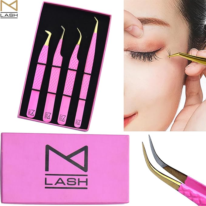 M LASH Tweezers for Eyelash Extensions (Set of 4) - Professional Lash Extension Tweezers - Fiber Tip, Japanese Steel, Diamond Grip Eyelash Extension Tweezer (Pink)