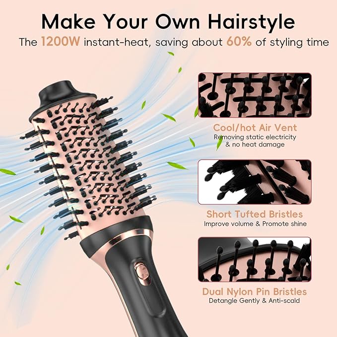 Hair Dryer Brush Set, Multifunctional Hot Air Brush for Salon Blowouts, Negative Ion Technology & Quick Drying, Shiny and Less Frizz, Blush Gold