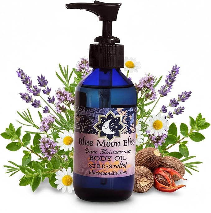 Blue Moon Elise Aromatherapy Body Oil - Hydrating Body Oil with Almond, Apricot & Coconut Oils - Scented with Pure Essential Oils for Women, Men & Dry Skin (Stress Relief 4 Oz)