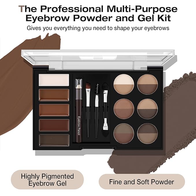 Eyebrow Powder Palette Set - 12 Colors, 5 Mascaras, 4 Stencils, Brush & Pencil, Volumizing Gel for Natural Brows