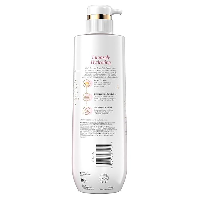 Olay Body Wash for Women, Intensely Hydrating, Pro-Hyaluronic Acid Serum Complex, Renews Moisture, Vitamin B3 Lameller Technology, For All Skin Types, Strawberry Summer Fizz Scent, 20 fl oz
